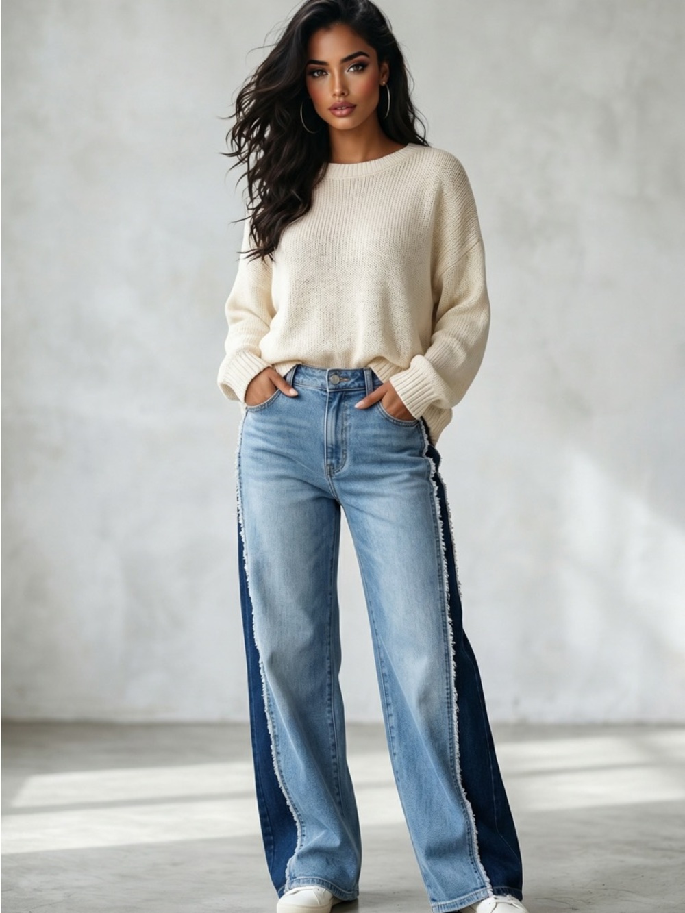 🌟B579. Stylish Wide Leg Two Tone Side Frayed Jeans